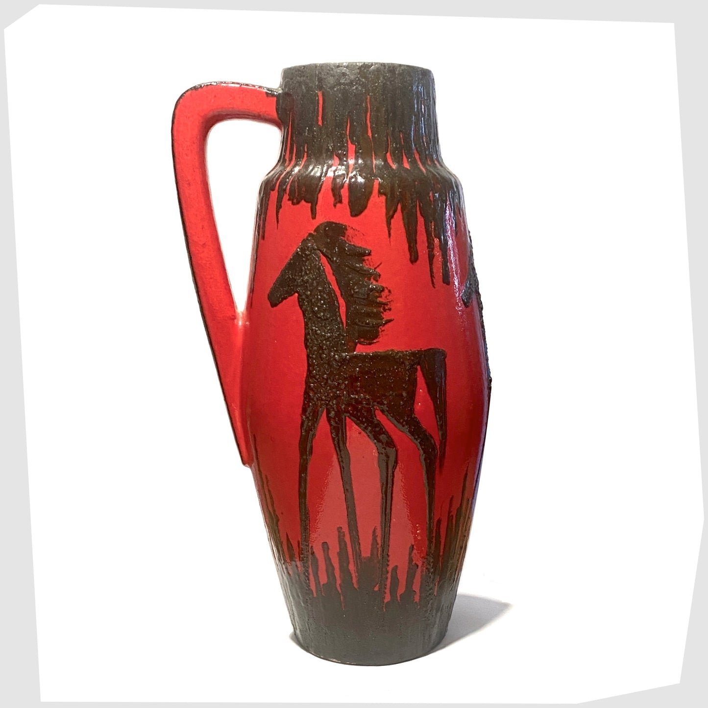 XL scheurich keramik 270-53 floor vase finished in a red glaze with black fat lava horse silhouette