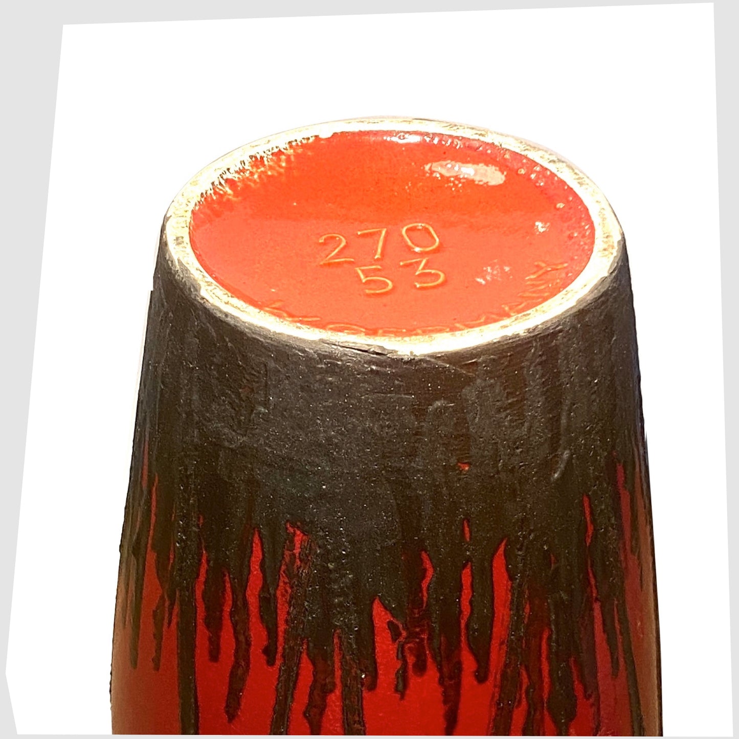 base stamp on the XL scheurich keramik 270-53 floor vase finished in a red glaze with black fat lava horse decoration