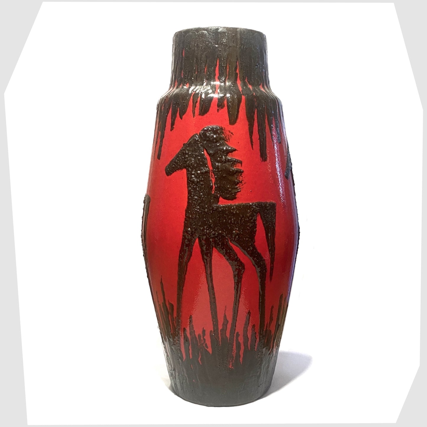 XL scheurich keramik 270-53 floor vase finished in a red with horse decoration in black fat lava glaze