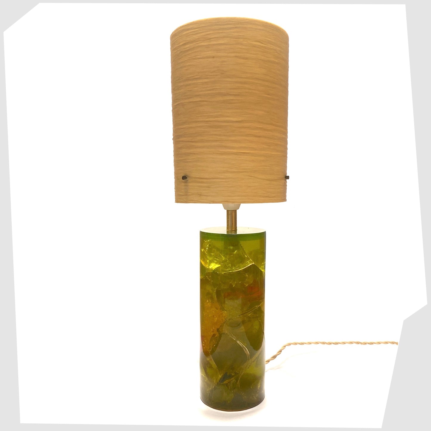 vintage Shattaline table lamp in green resin with its original beige spun fibreglass lampshade