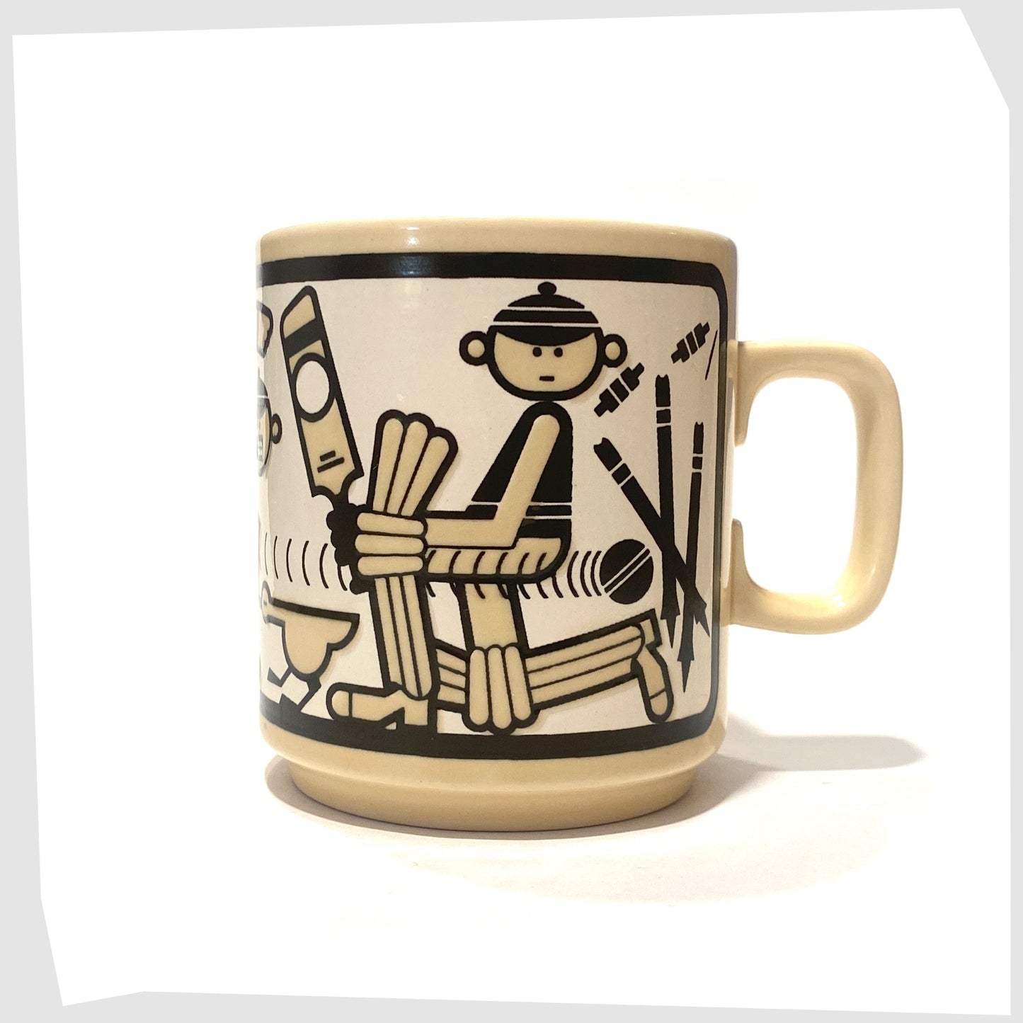 original hornsea pottery the worlds best cricketer mug with a playful illustration of a cricketer being bowled out