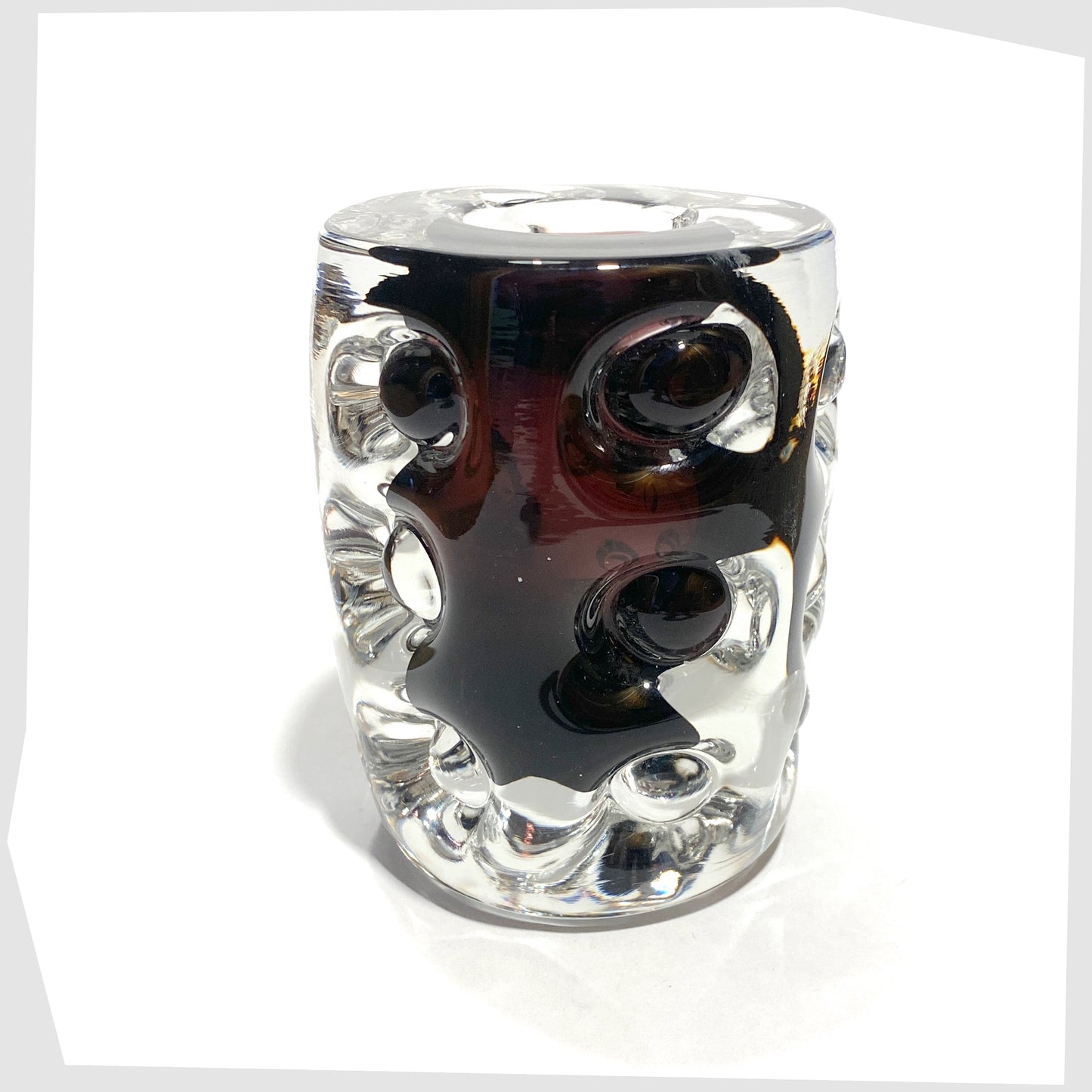 top of the vintage Liskeard Glass Knobbly Vase in cased purple glass, cylindrical knobbly textured vase designed by Jim Dyer