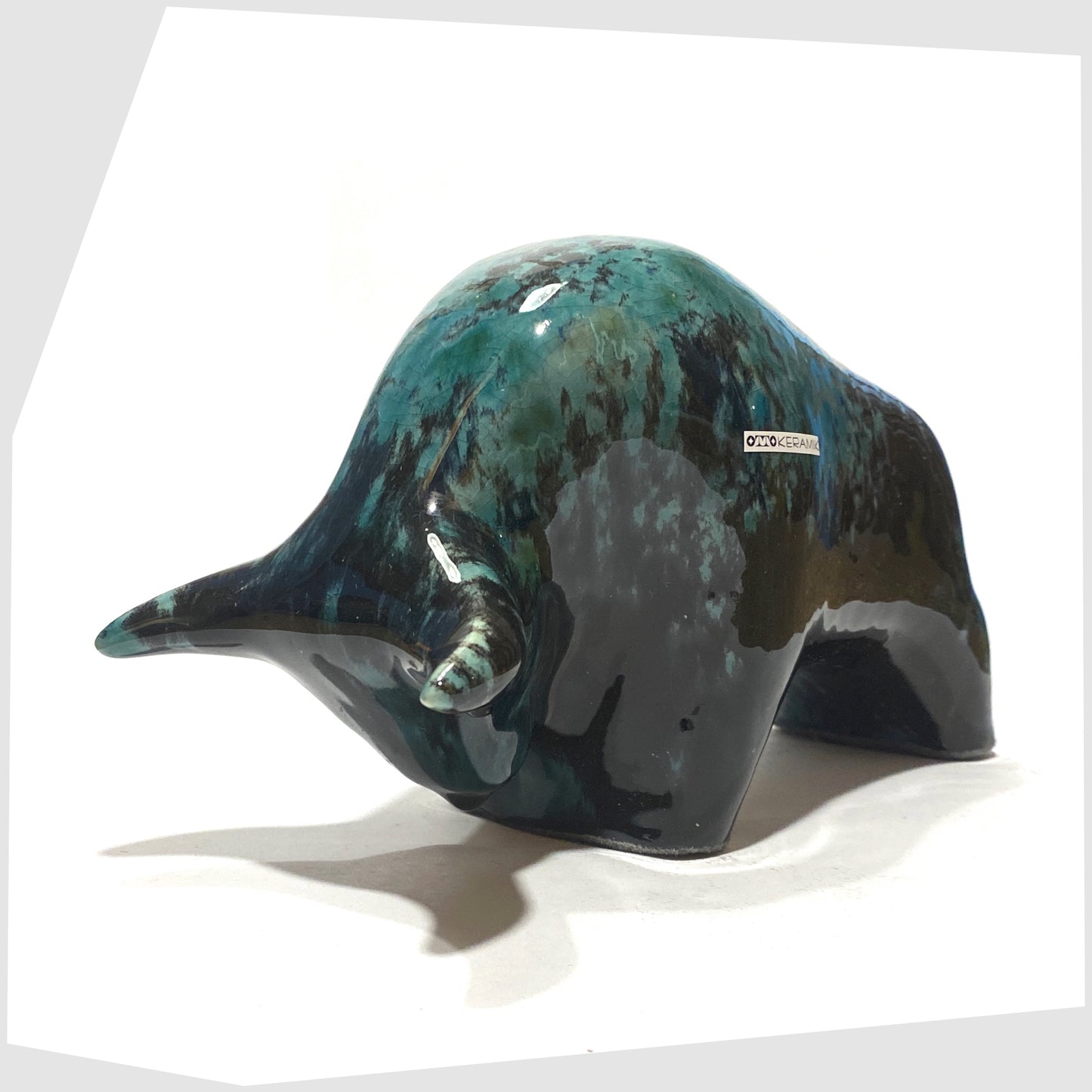 otto keramik bull ornament in ecuador glaze of teal and black