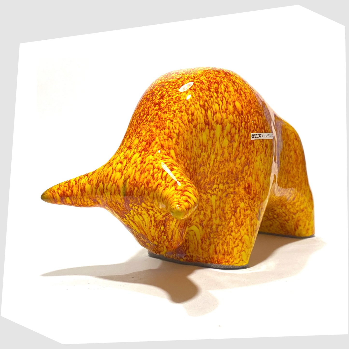otto keramik bull in fire glaze of red, orange and yellow flecks