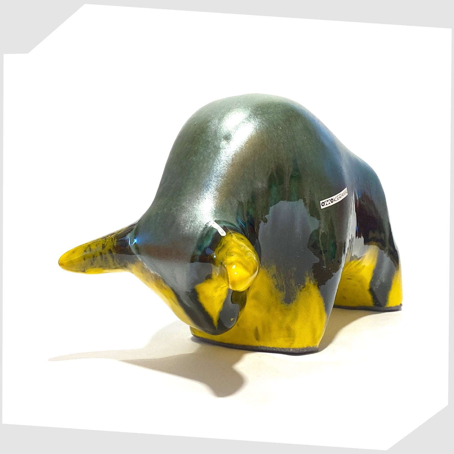 sea green and yellow glazed ceramic bull by otto keramik germany