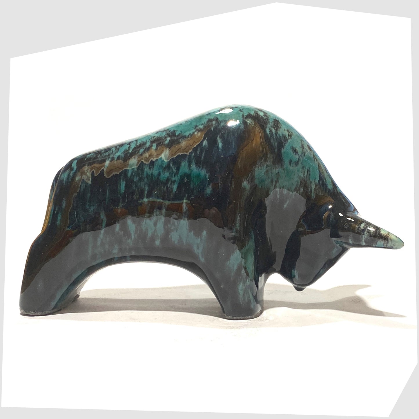 ecuador glazed ceramic bull by otto keramik, germany in black glaze with teal green flecks