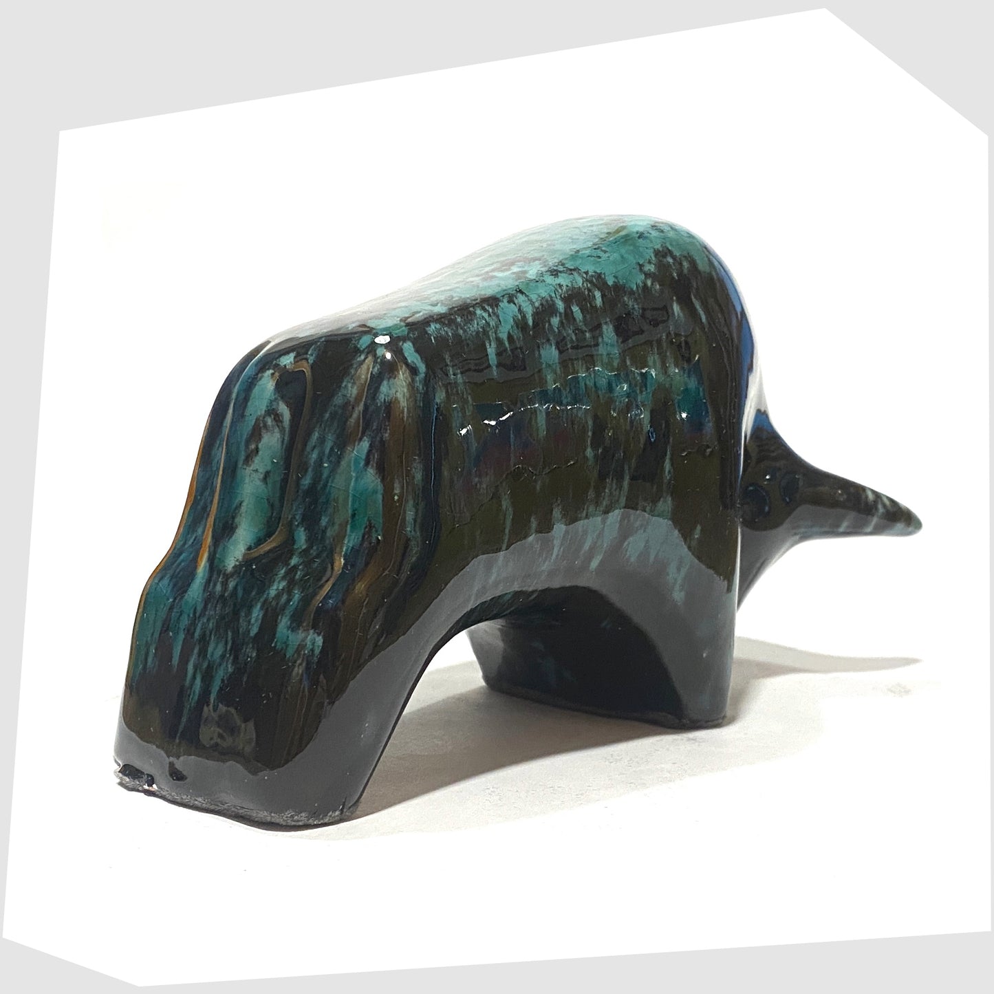 rear of the otto keramik ceramnic bull in teal and black ecuador glaze