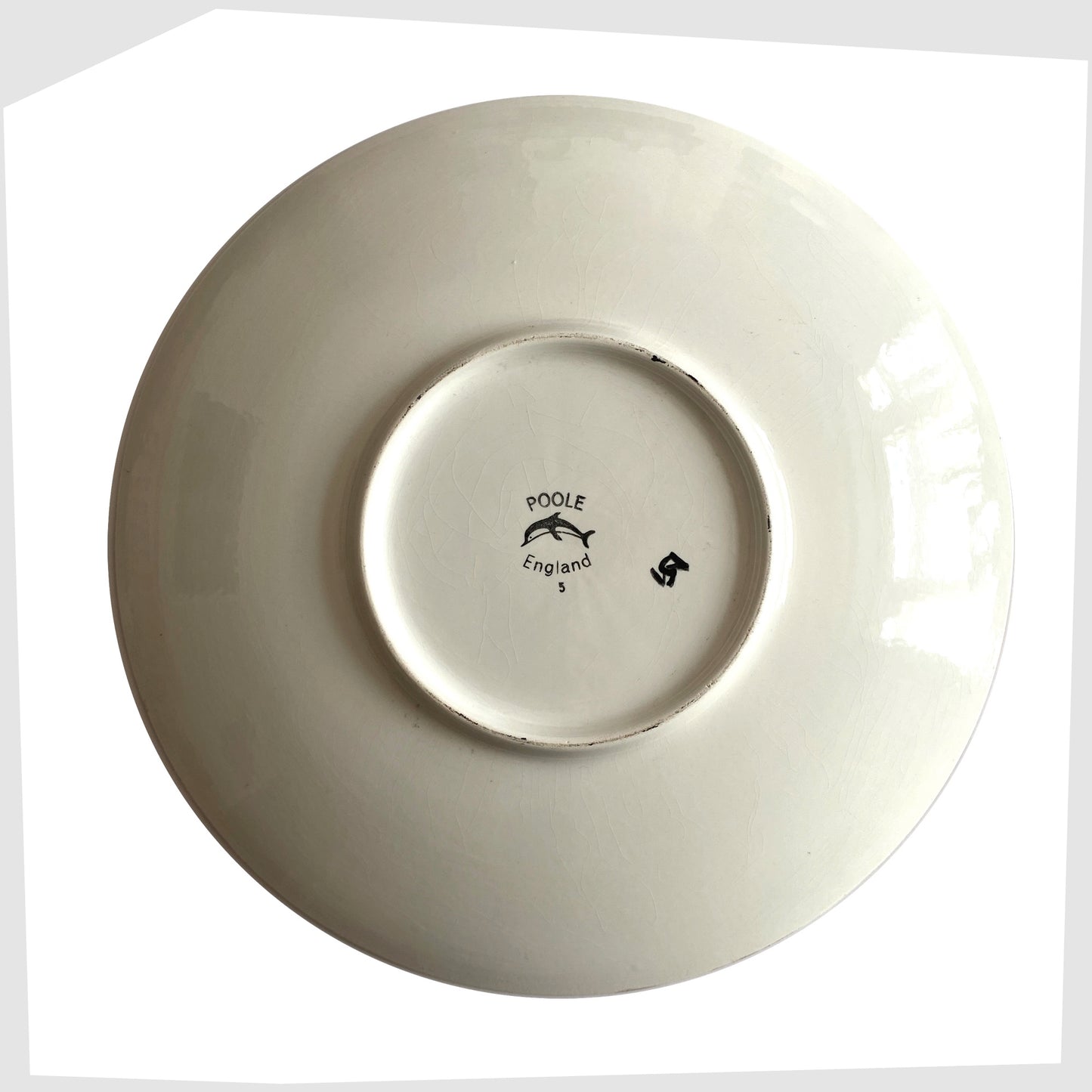 base of the 14" Poole Pottery Charger, marked as size 5 and hand-signed by Sally Murch