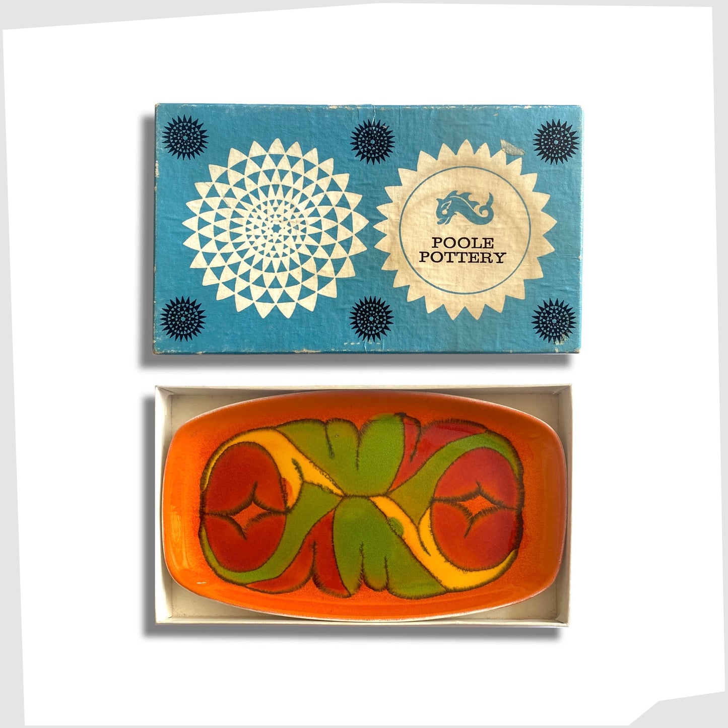 poole pottery delphis pin dish, shape 361, in a rich orange glaze with flowing forms of red green and yellow- shown with its original retail box