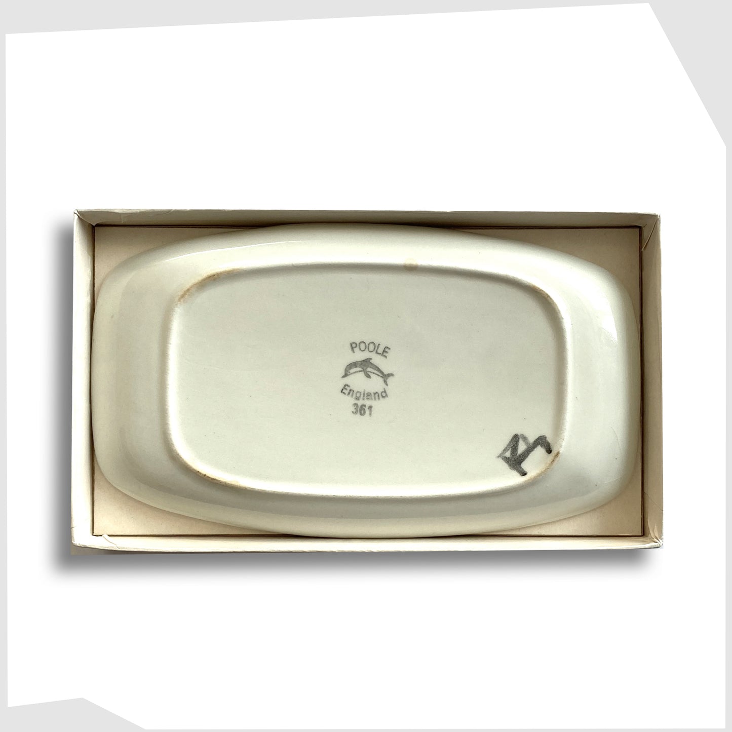 rear stamp of the vintage poole pottery yellow delphis dish, shape 361