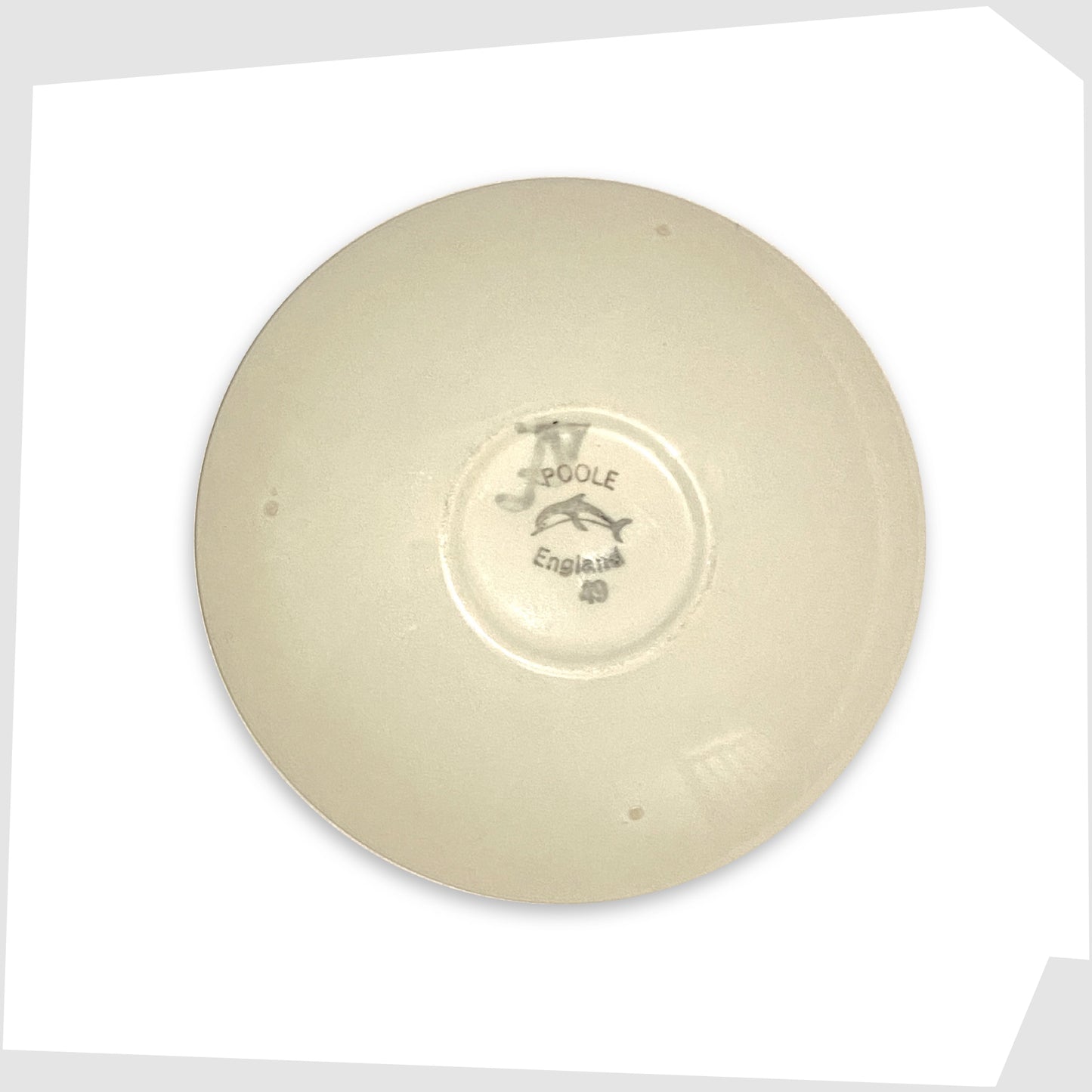 rear stamp of the poole pottery delphis pin dish, stamped 49