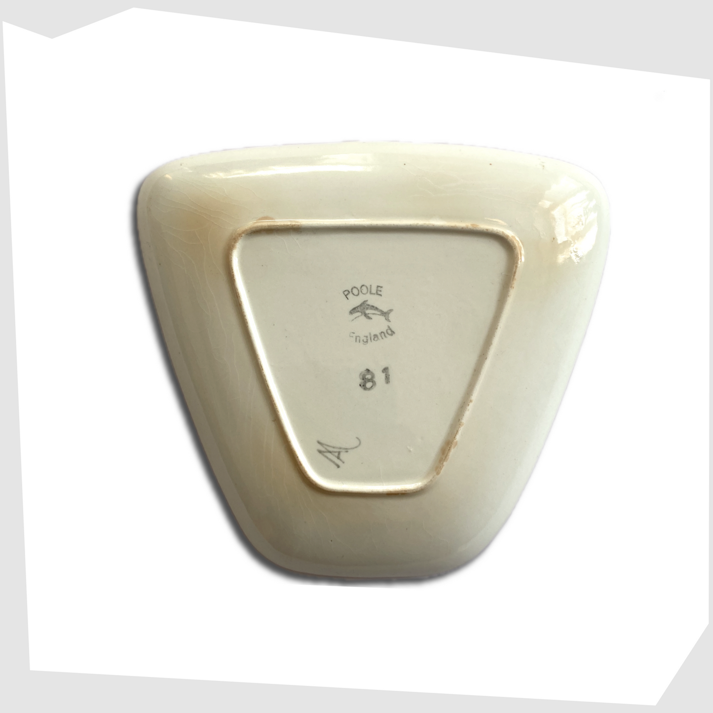 rear marks on the Poole Pottery Delphis Dish, shape 81, by paintress Mary Albon=