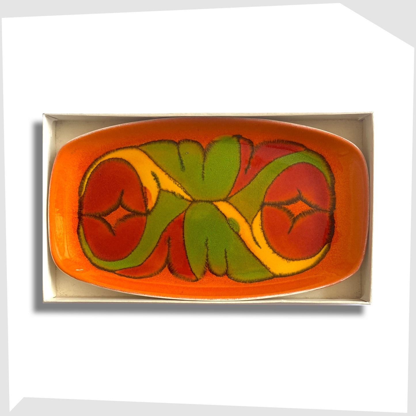 poole pottery delphis pin dish, shape 361, in a rich orange glaze with flowing forms of red green and yellow in its original retail box