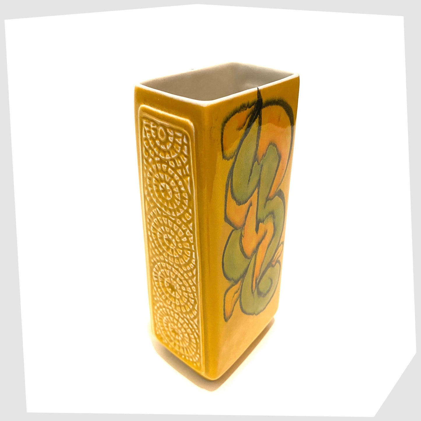 1960s poole pottery delphis slab vase, shape 36, in mustard yellow with orange and green hand-painted shapes
