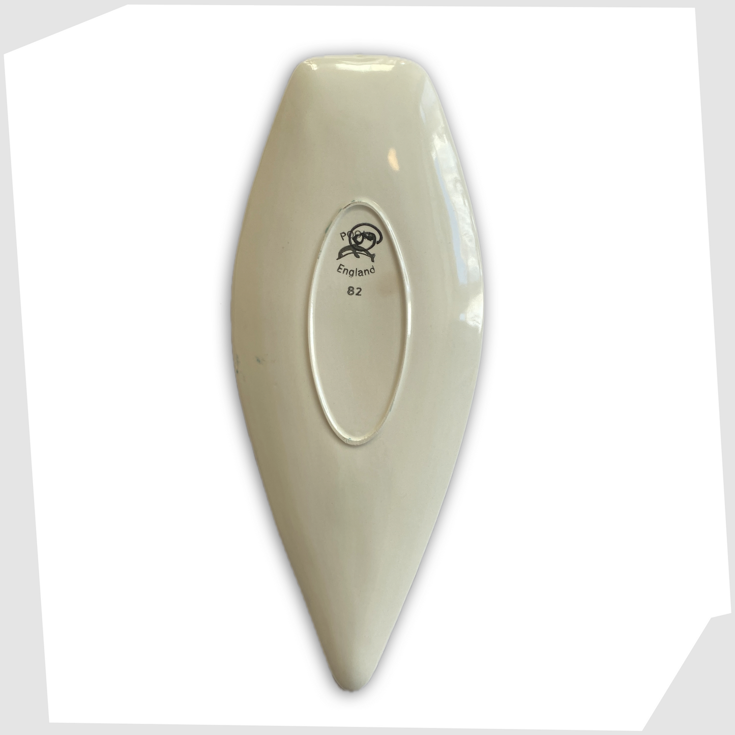 rear of the poole pottery delphis spear dish, shape 82, signed CB for by Cynthia Bennett