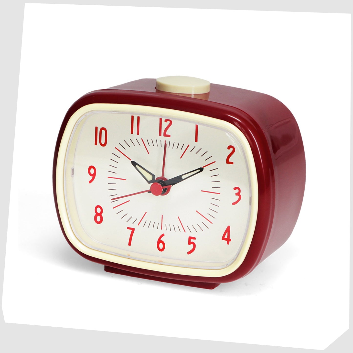 retro alarm clock in red, by rex london, featuring a cream numerical dial with a bold red casing