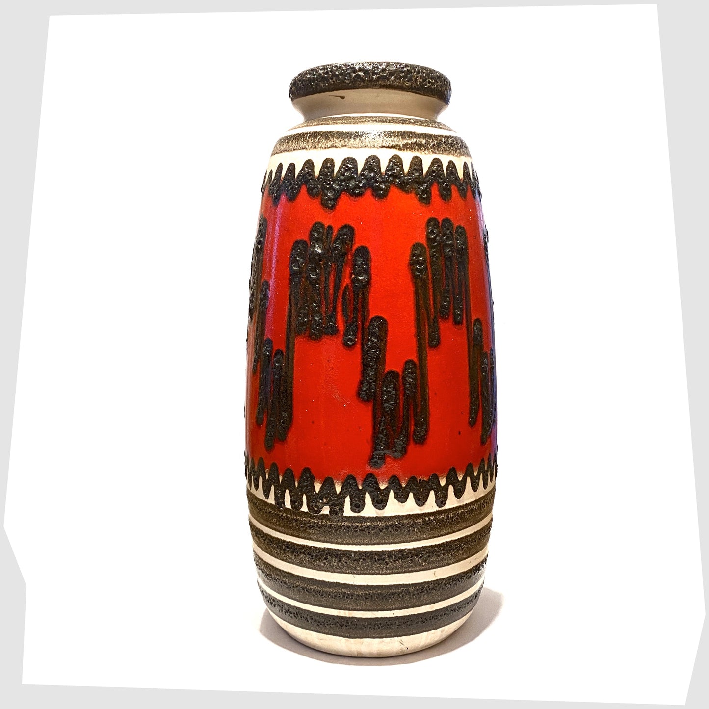 XL Scheurich Keramik 284-47 Floor Vase glazed in a volcanic red with zig zagging pattern of black fat lava glaze