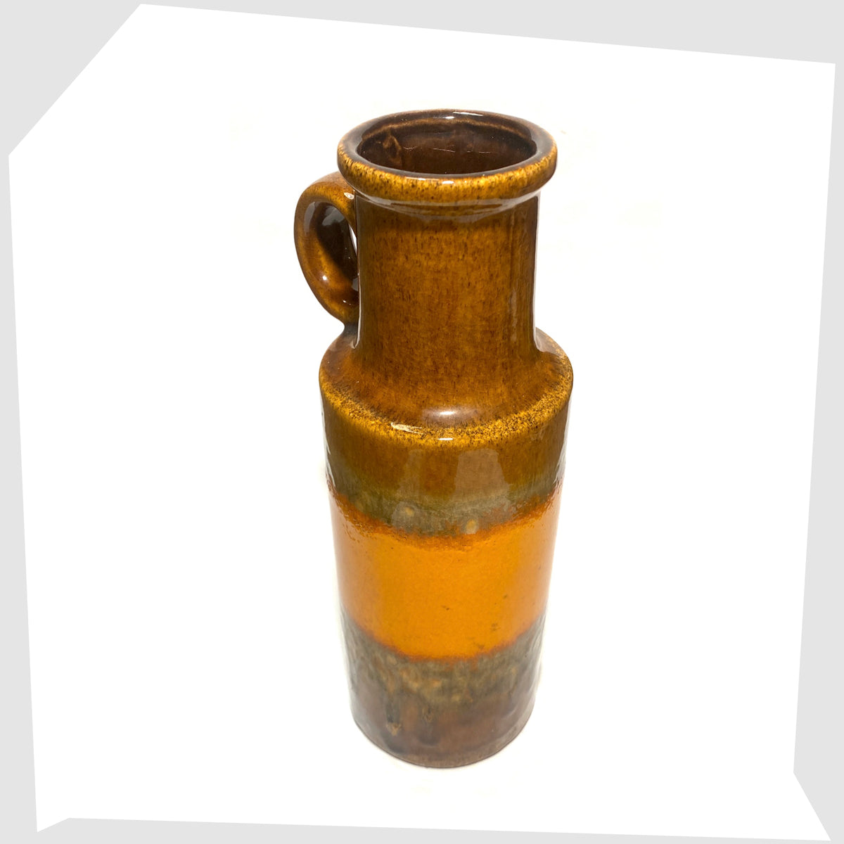 West German Art Pottery Scheurich Keramik 401-28 Vase in chestnut brown glaze with a central band of orange fat lava, shown on a white background