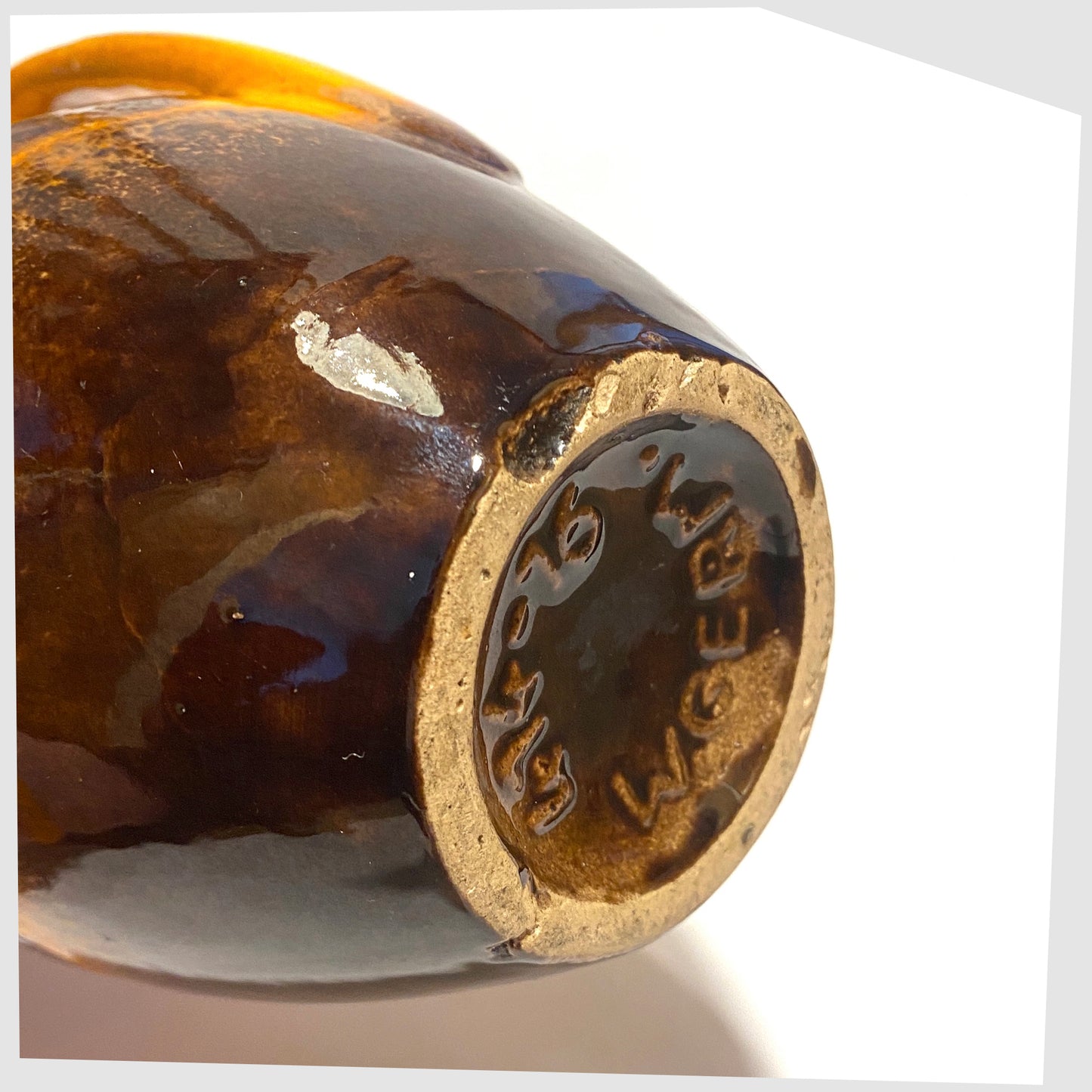 markings on the base of the Scheurich Keramik 414-16 Vase in a vibrant orange and chestnut brown glaze