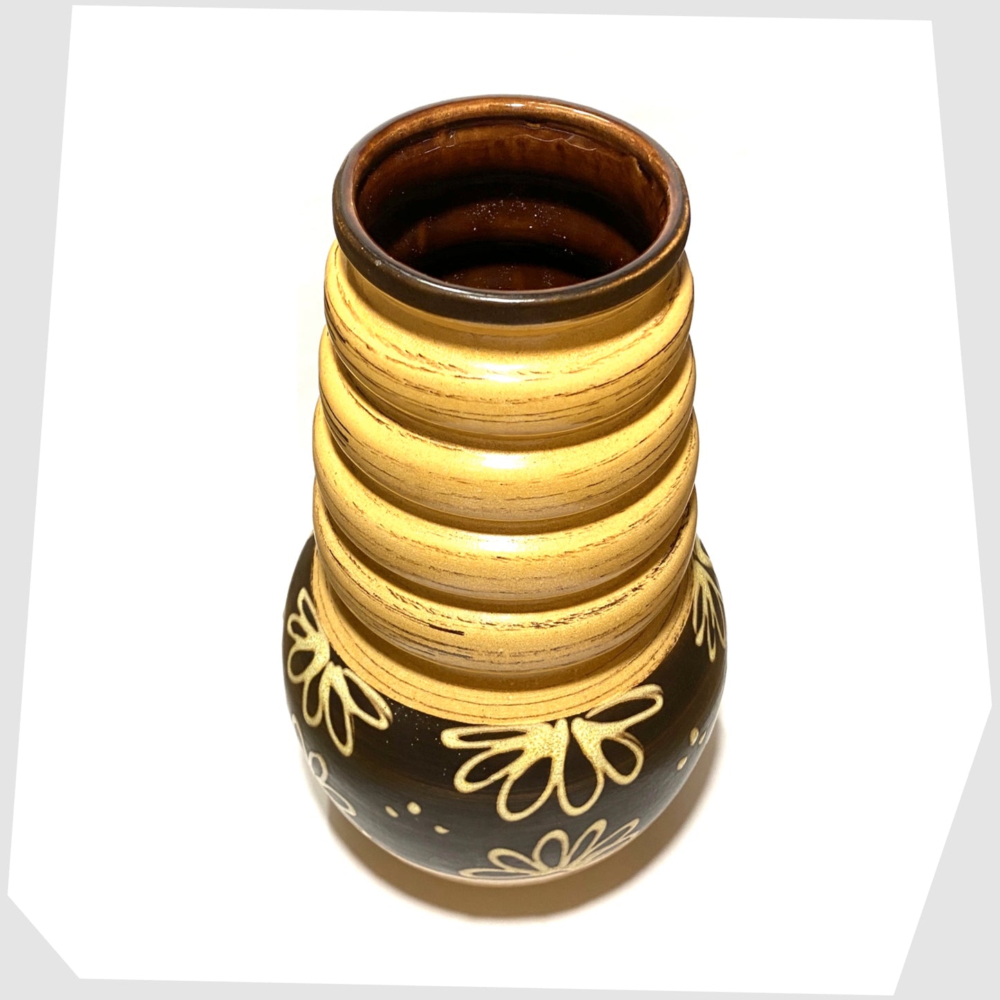 top rim of the west german pottery floor vase by scheurich keramik model-269-40 in a yellow/beige and brown glaze with floral design