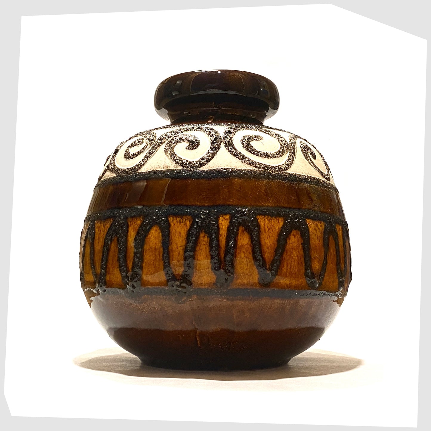 ball-shaped scheurich keramik 484-21 vase in chestnut brown with white and amber bands of fat lava patterns