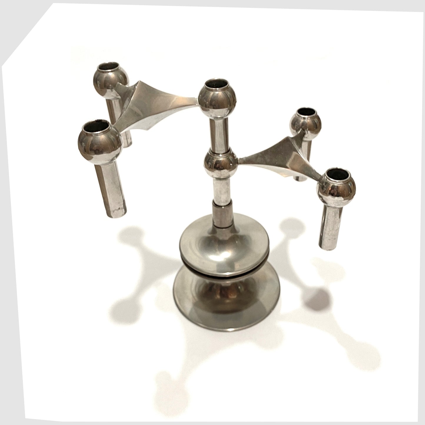 vintage stoff nagel candleholder stand displayed with two modular candleholders