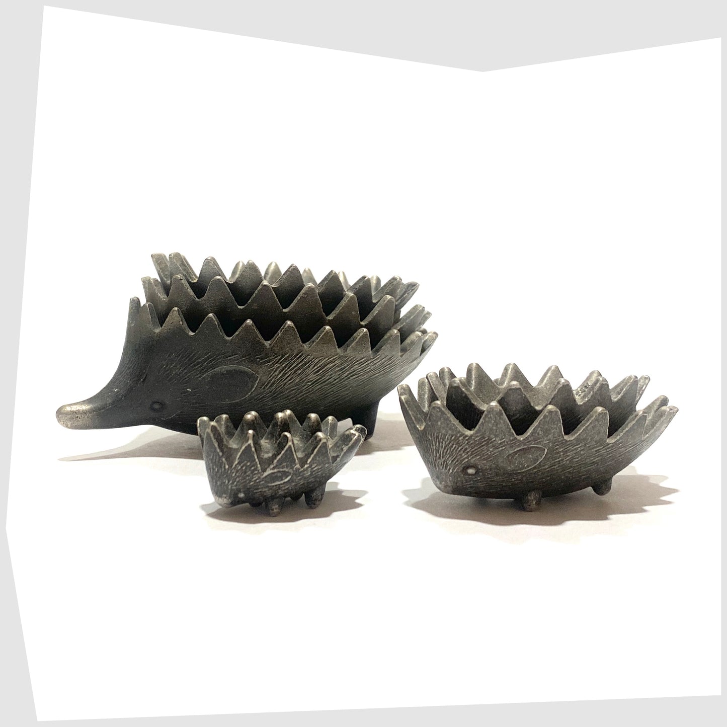 metal walter bosse-style hedgehog ashtray set, six hedgehog shaped ashtrays