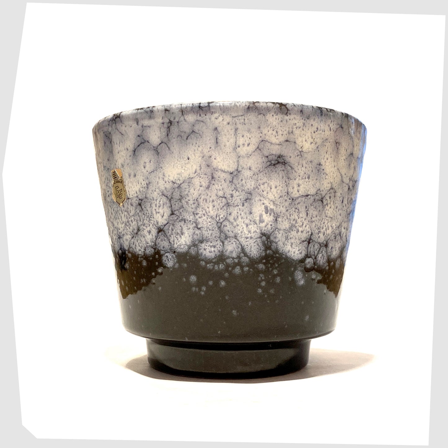 West German ES Keramik Planter in dark grey glaze with blue and white fat lava glaze