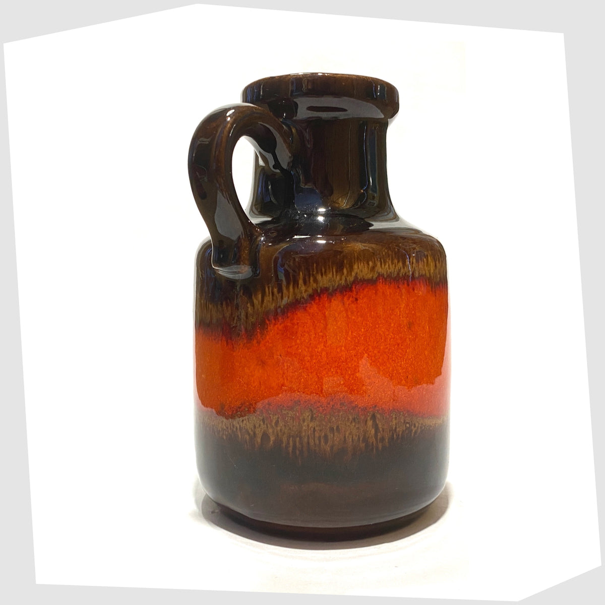 1970s West German Pottery Scheurich Keramik 414-16 Vase in chestnut brown glaze with a central band of volcanic red, shown on a white background