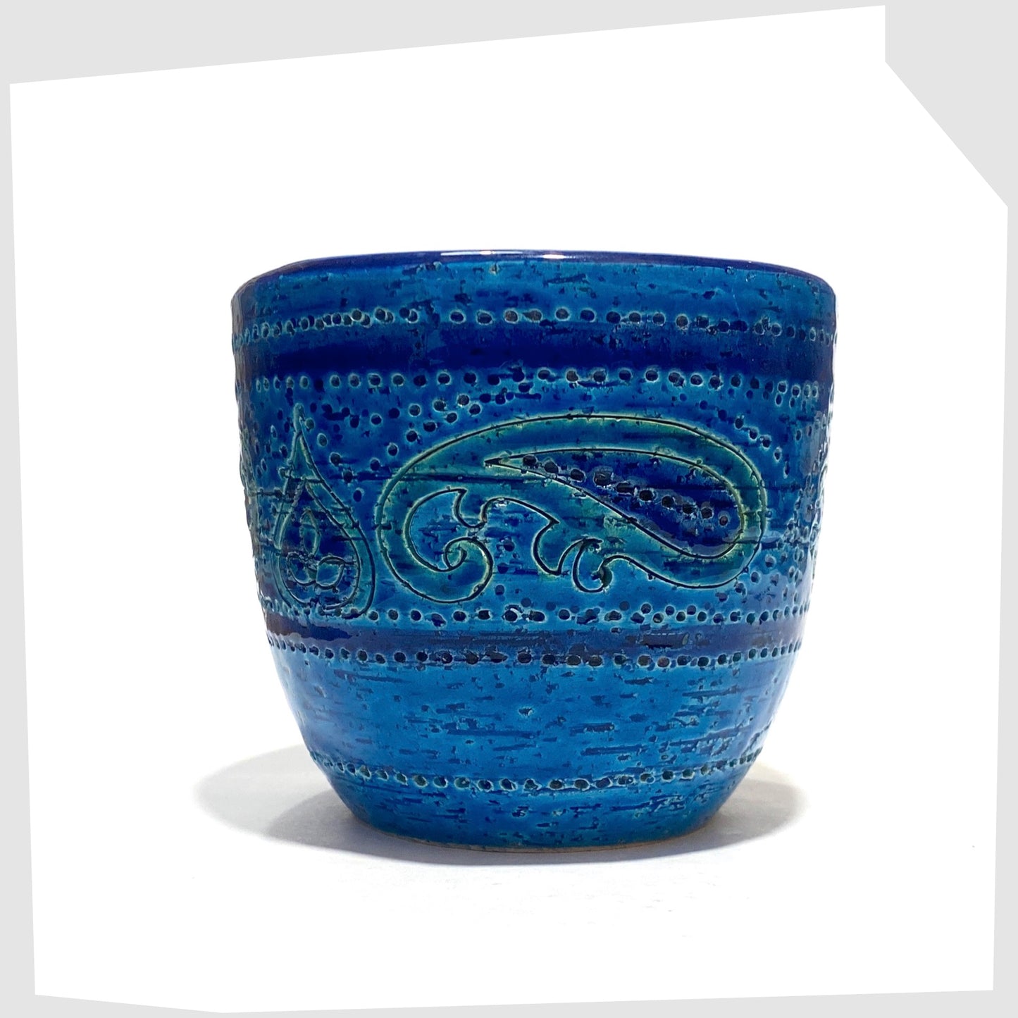 Bitossi Liberty Paisley Planter in rimini blue glaze with flowing paisley pattern shown on a white background