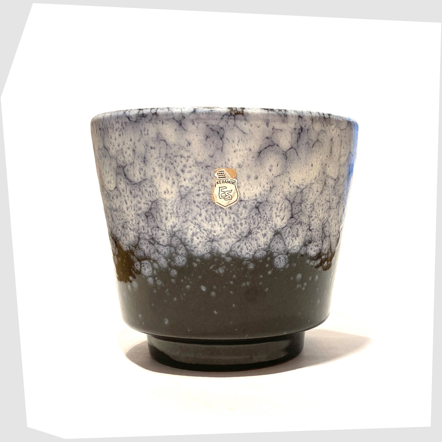 1970s West German Pottery ES Keramik Planter in dark grey glaze with blue and white fat lava glaze