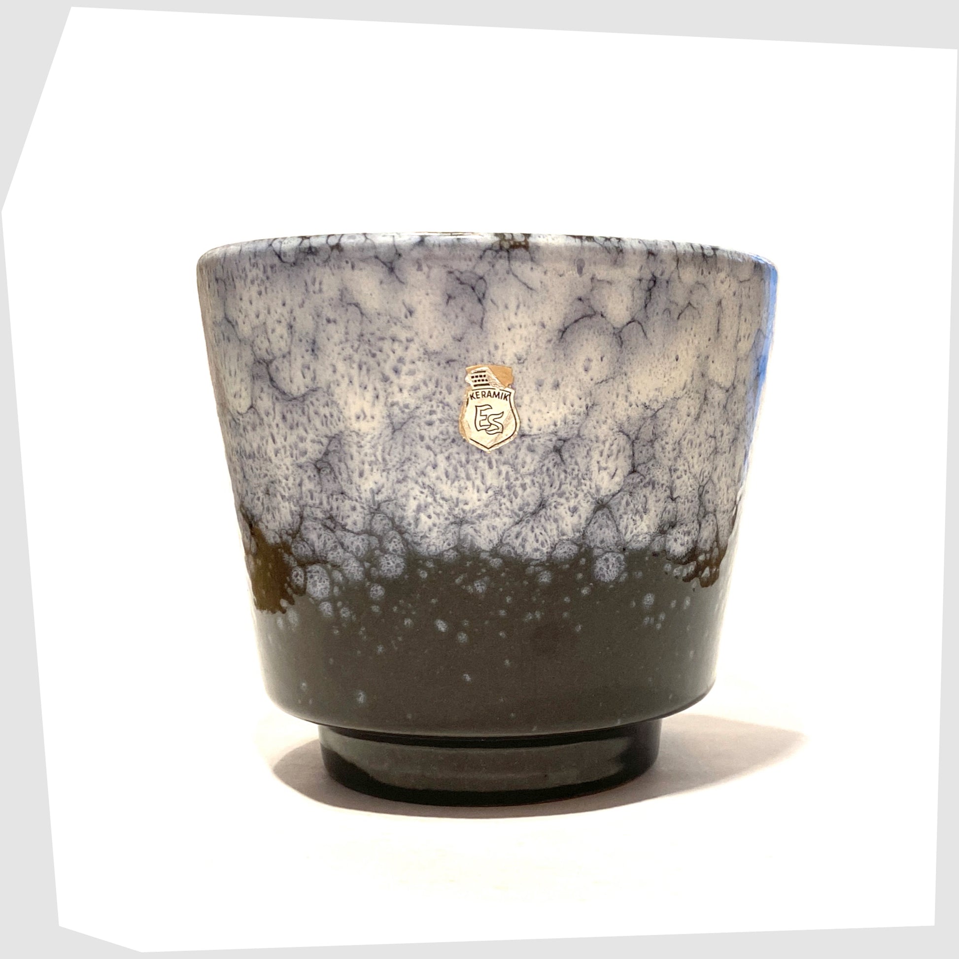 1970s West German Pottery ES Keramik Planter in dark grey glaze with blue and white fat lava glaze