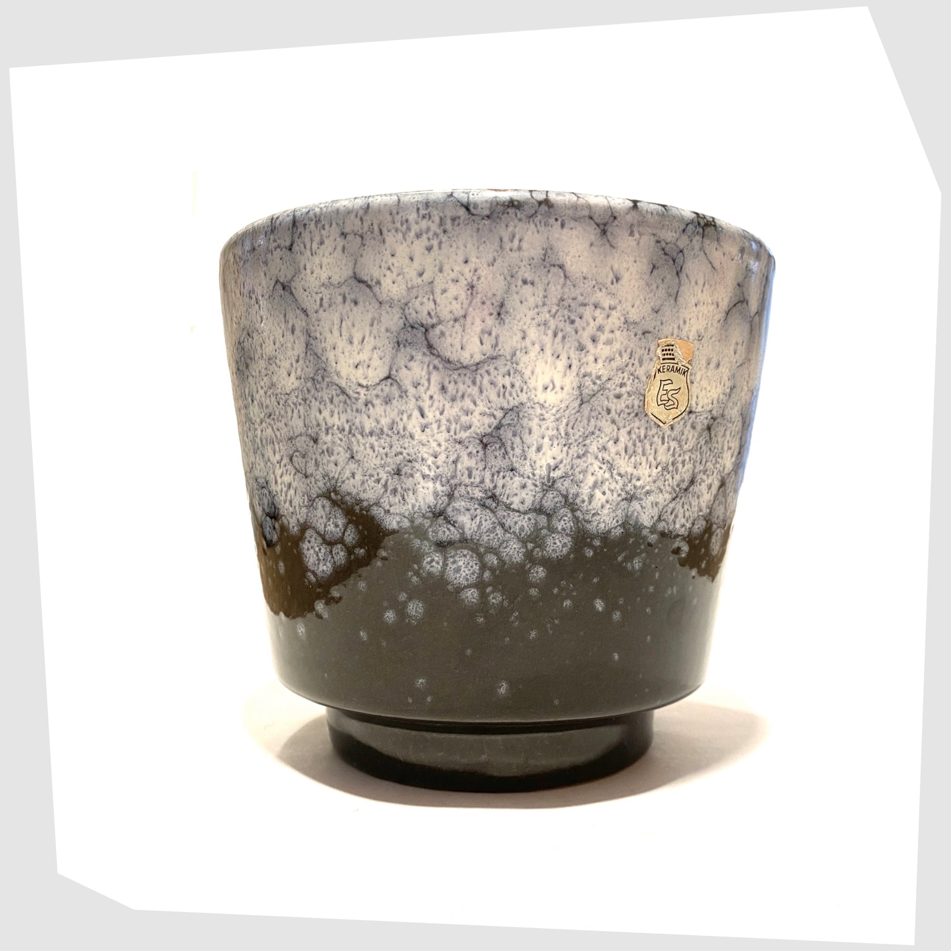 1970s ES Keramik Planter in dark grey glaze with blue and white fat lava glaze
