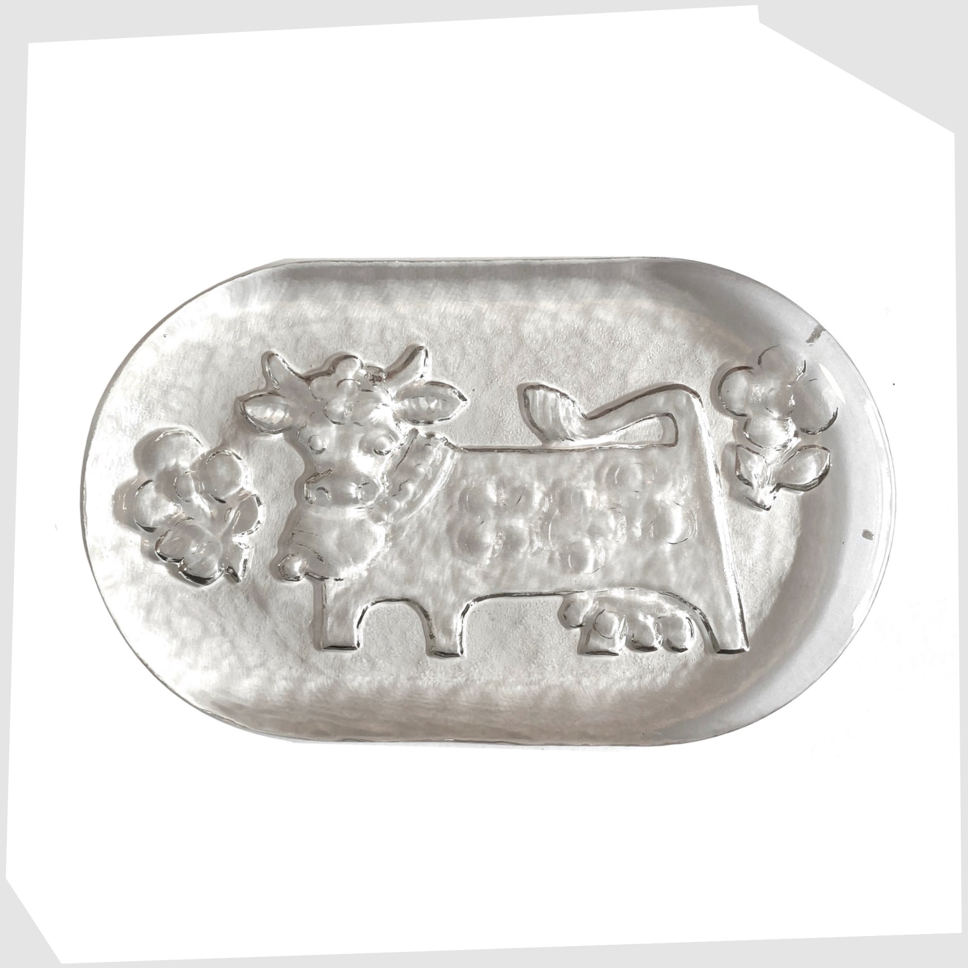 Glasi Hergiswil Olma the cow dish, oval glass dish with a impressed cow design