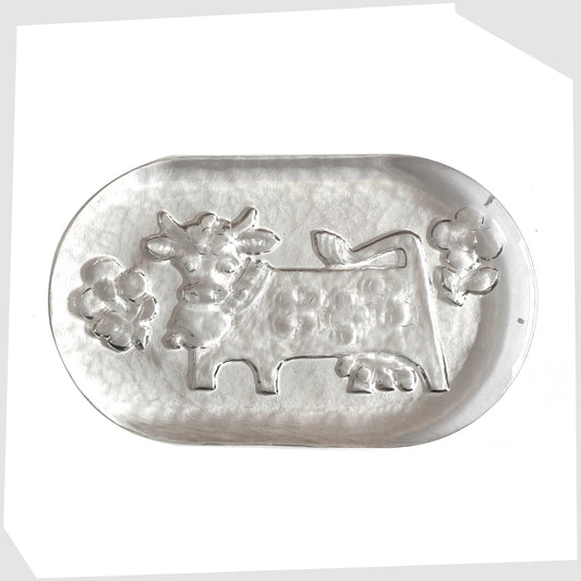 Glasi Hergiswil Olma the cow dish, oval glass dish with a impressed cow design