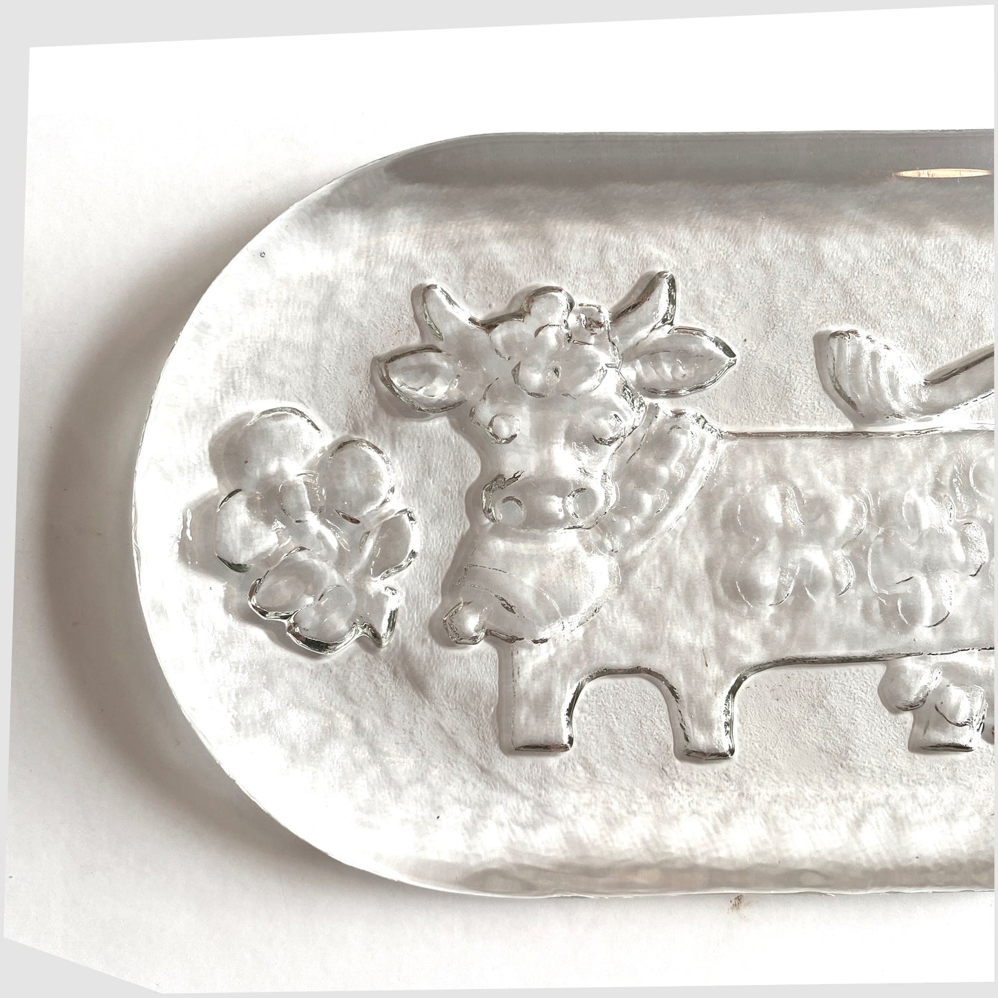close up of the Glasi Hergiswil Olma the cow dish, oval glass dish with a impressed cow design