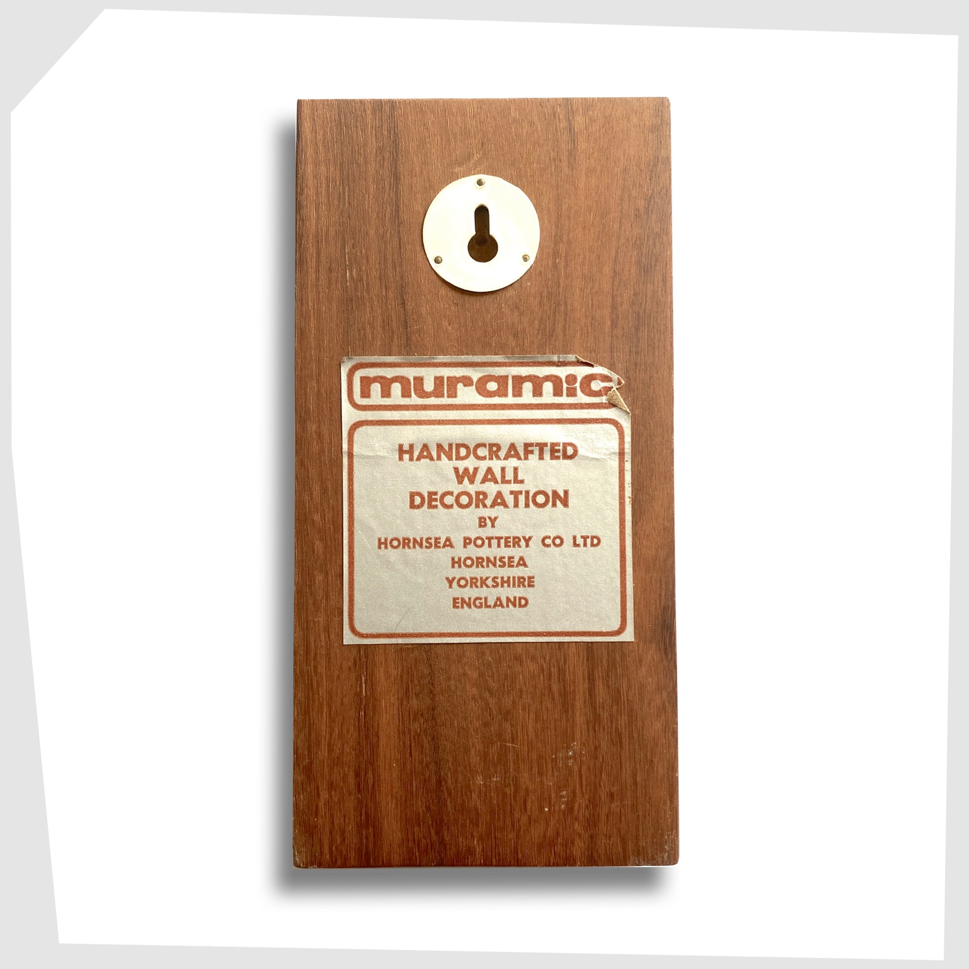 rear label of the Muramic Wall Decoration, showing the Hornsea Pottery company details and factory address