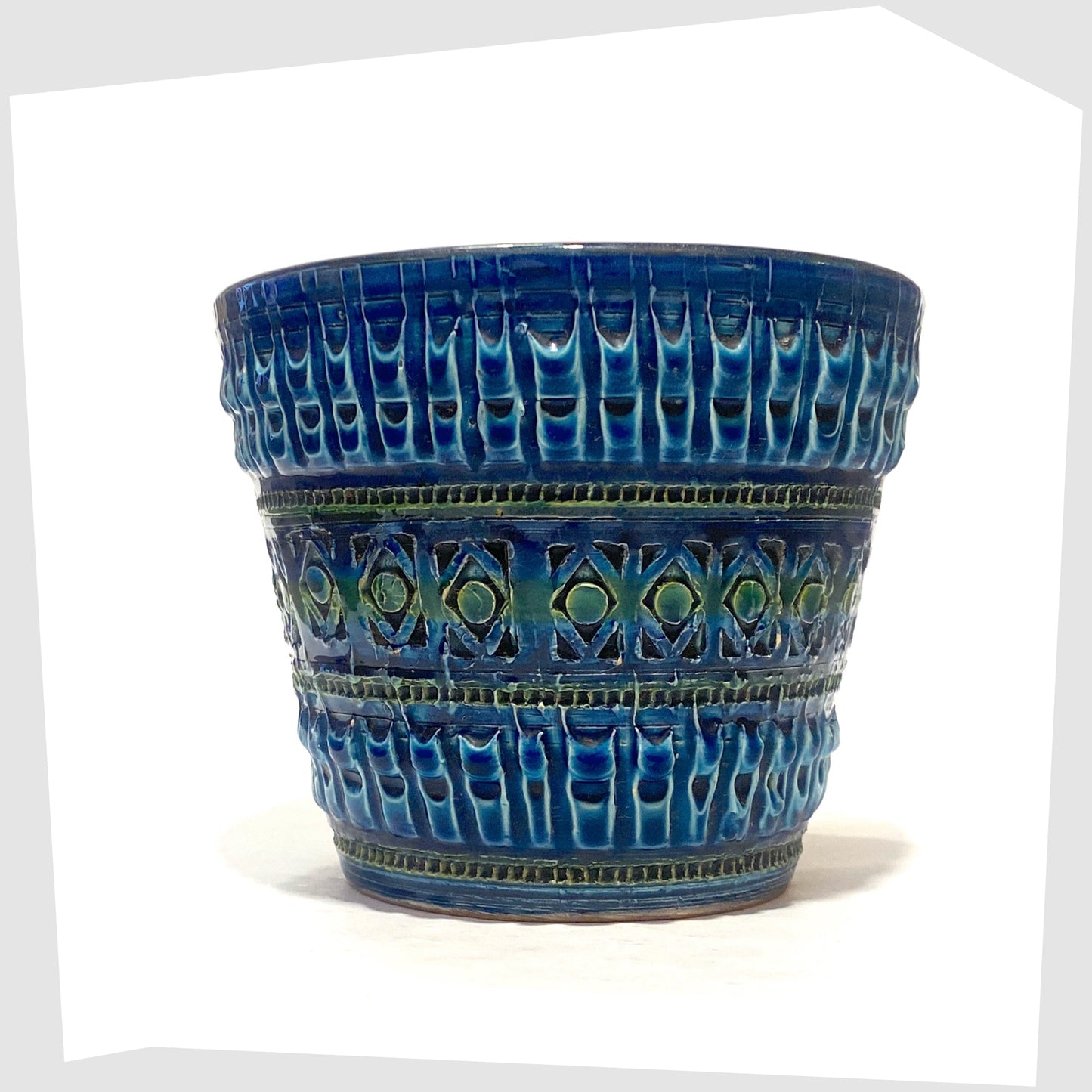 Vintage Bitossi inspired Italian Pottery Planter in a rich Rimini Blue-inspired glaze with textured impressed patterns, shown on a white background