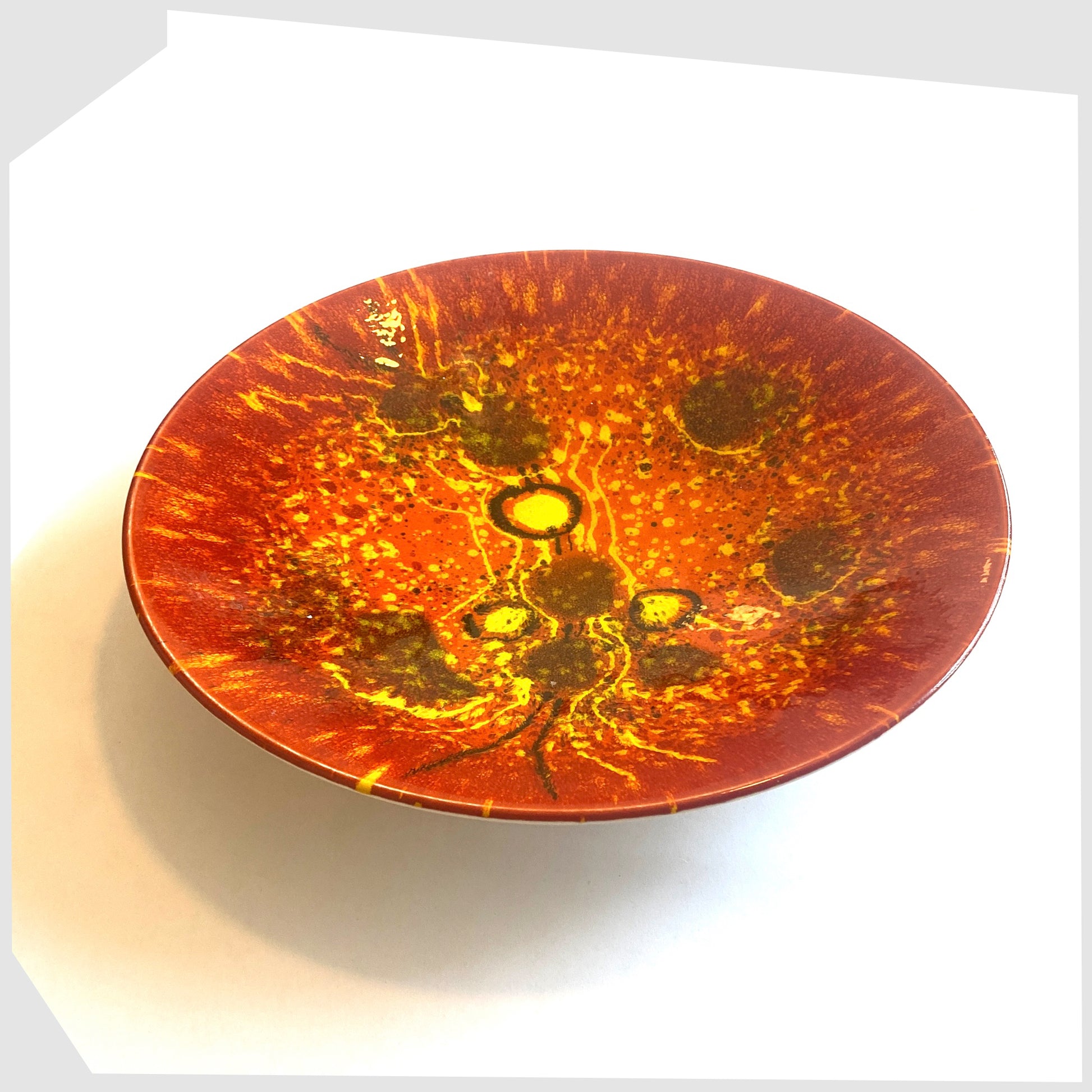 poole pottery alignment of the planets venus decorative plate glazed in fiery red and orange with yellow spheres