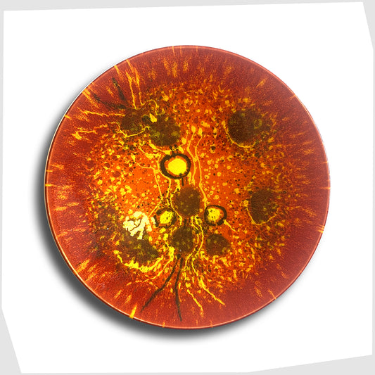 poole pottery alignment of the planets venus plate glazed in fiery red and orange with yellow spheres