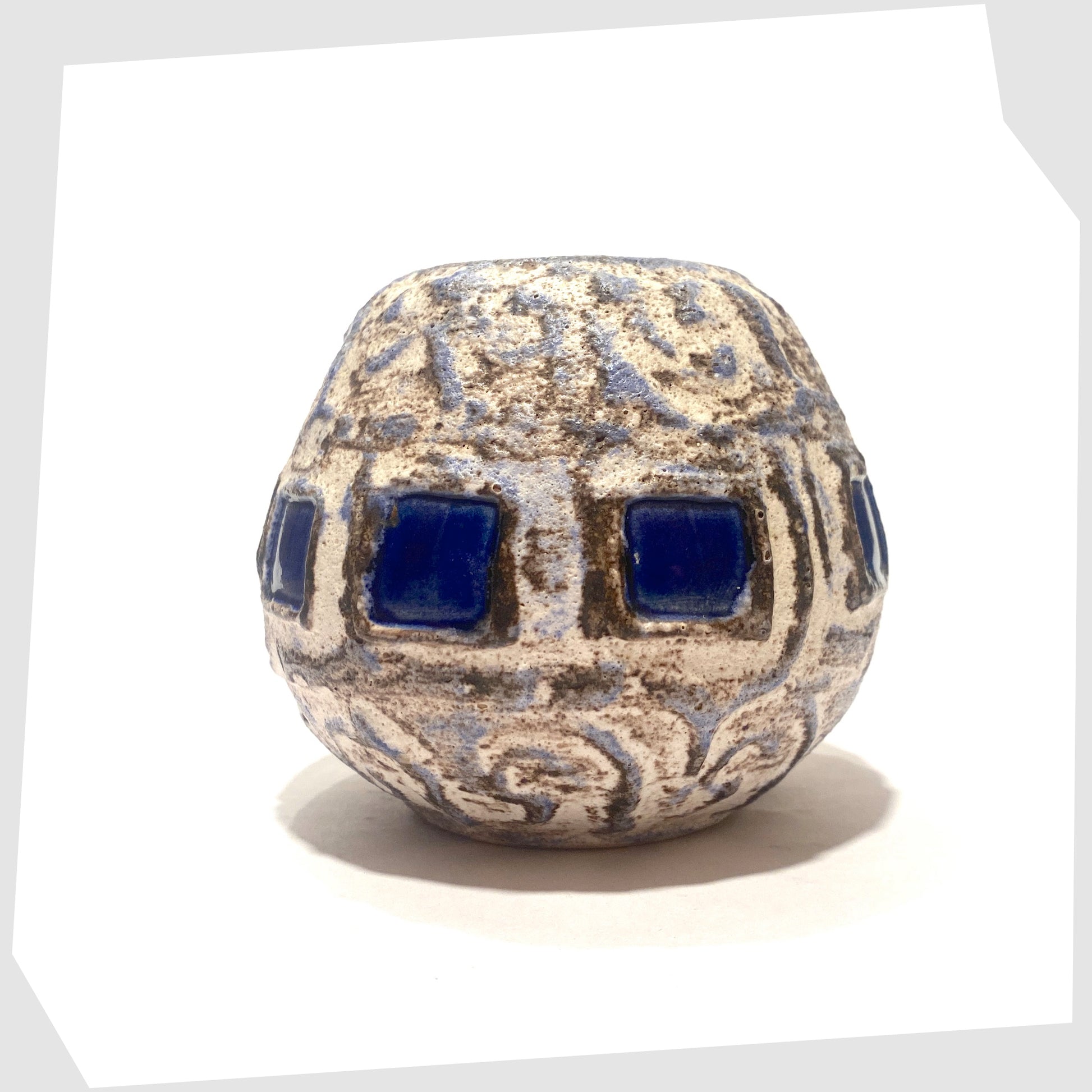 Schlossberg Keramik 259 spherical vase in white fat lava glaze with blue squares