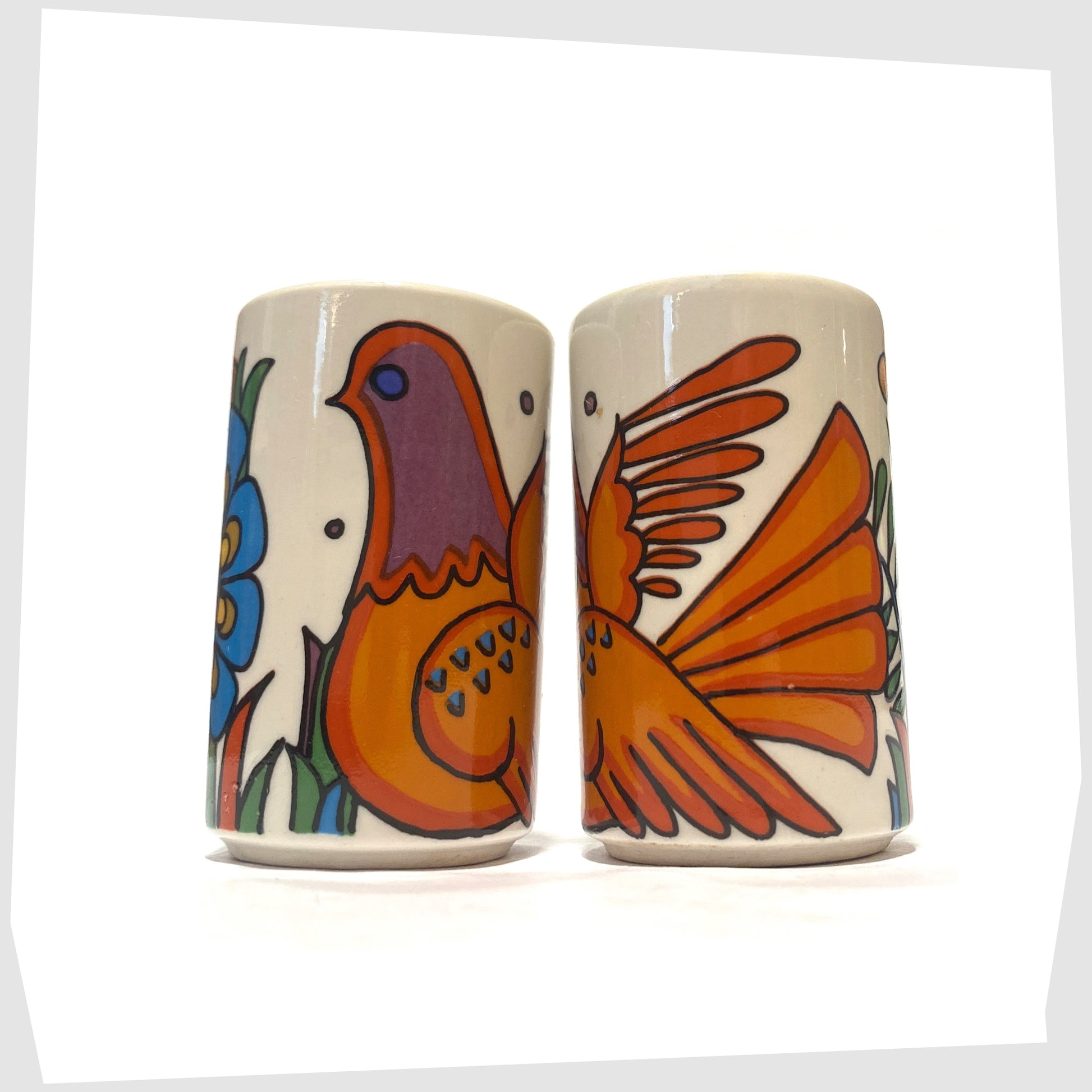 Villeroy and Boch Acapulco Salt & Pepper Shakers showing the full wrap around design of orange bird, shown on a white background