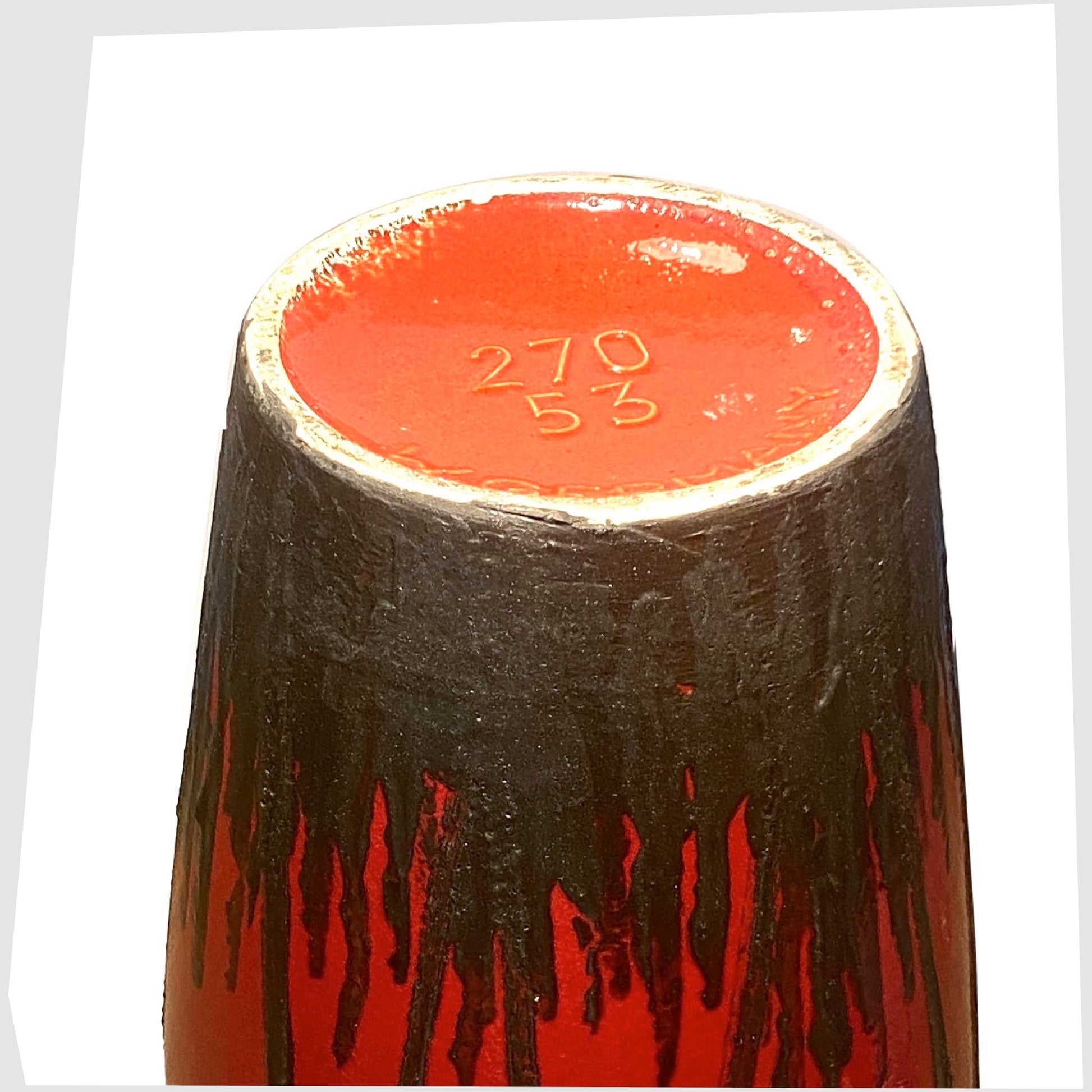 base stamp on the XL scheurich keramik 270-53 floor vase finished in a red glaze with black fat lava horse decoration