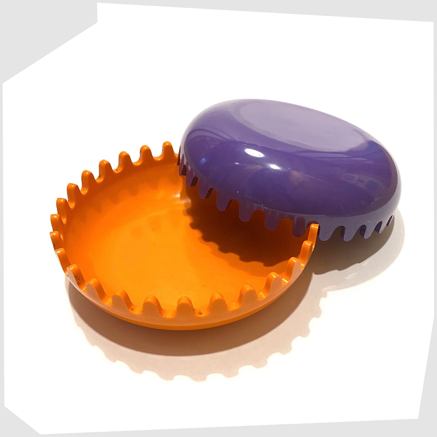 1972 alan fletcher clam ashtray in purple and orange colour way