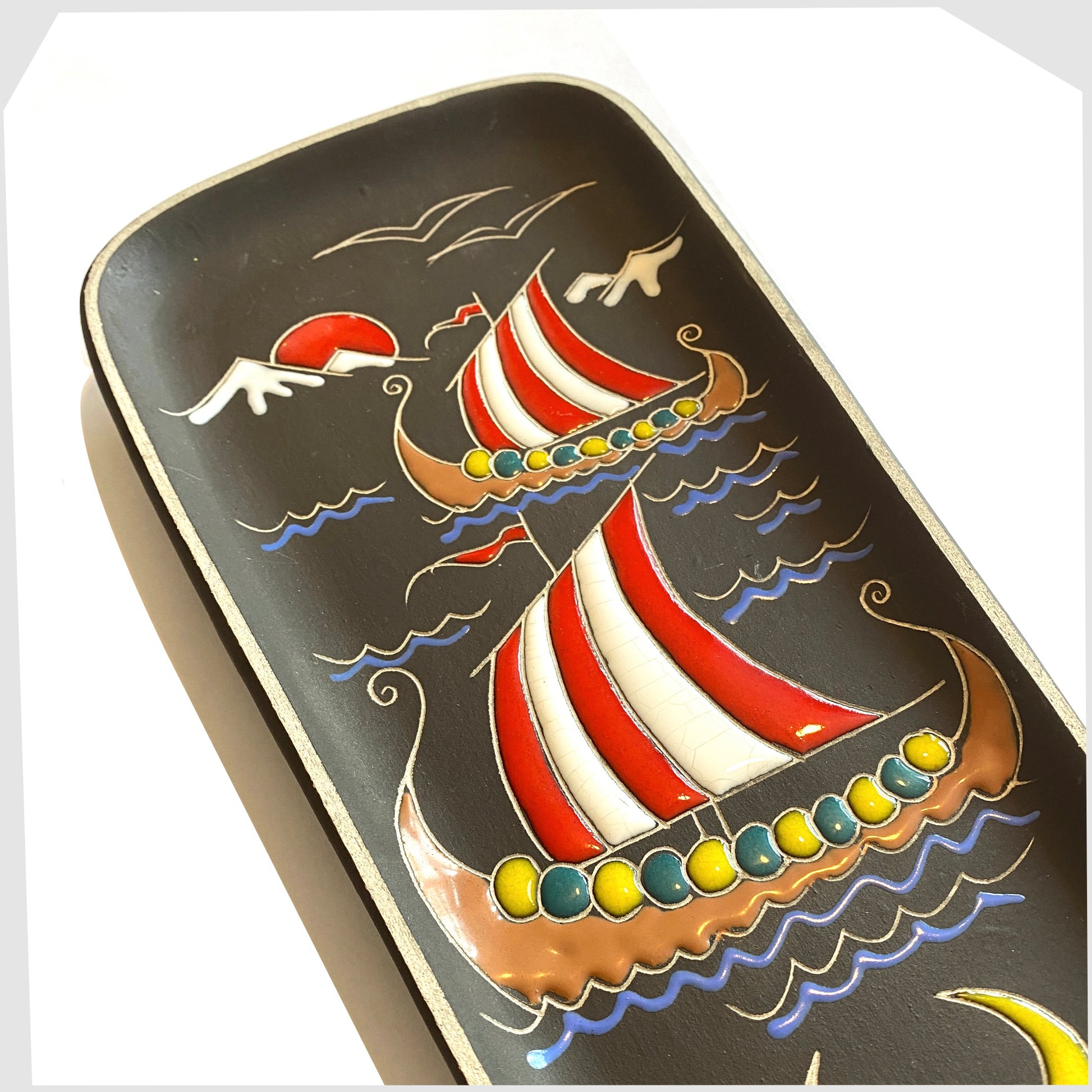 ceramic Viking wall tile with two long ships, made by AWF Norway
