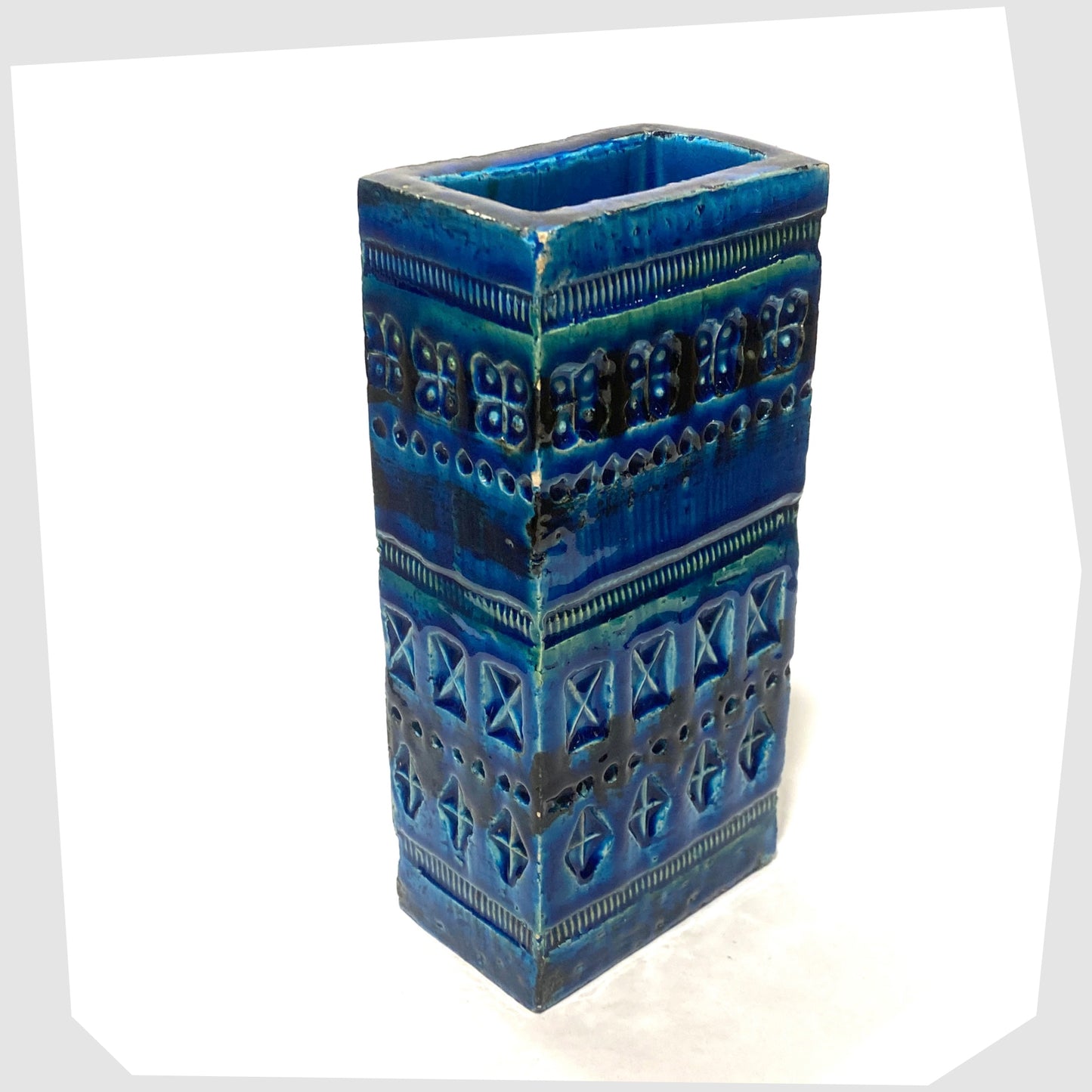 Bitossi Rimini Blu Brick-shaped Vase, designed by Aldo Londi, shown on a white background