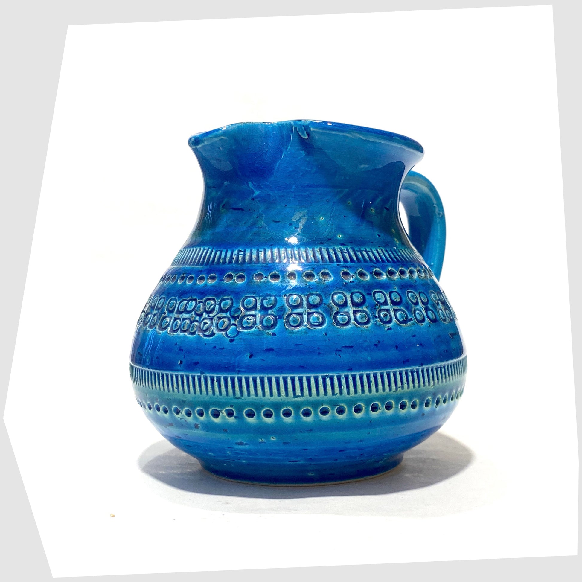 Vintage Flavia Montelupo/Bitossi Vase in iconic blue glaze with impressed markings, shown on a white background