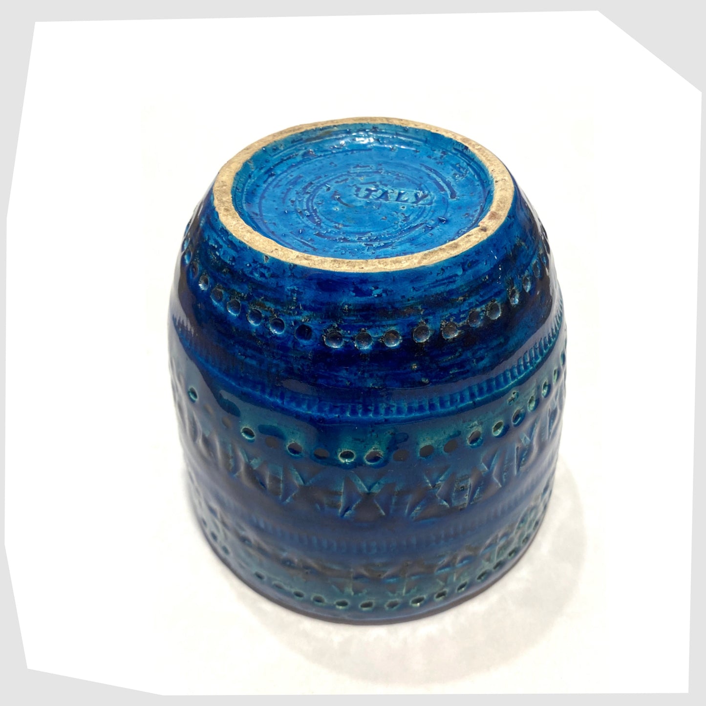 Bitossi Ceramiche Rimini Blue Planter designed by Aldo Londi in a rich blue glaze with an array of impressed markings, shown on a white background