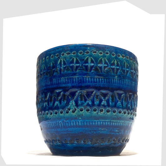Bitossi Rimini Blue Planter designed by Aldo Londi in a rich blue glaze with an array of impressed markings, shown on a white background