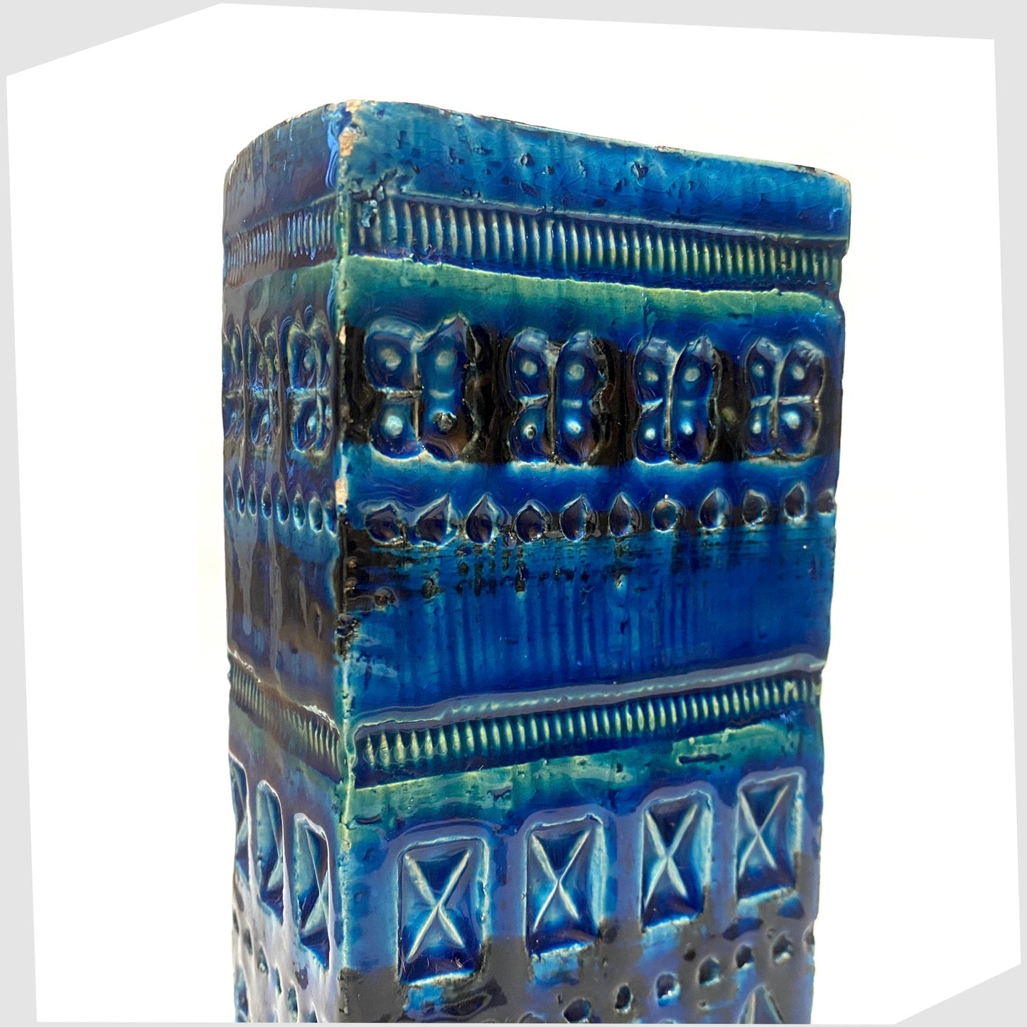 Top section of the Bitossi Rimini Blu Brick Vase, designed by Aldo Londi, shown on a white background